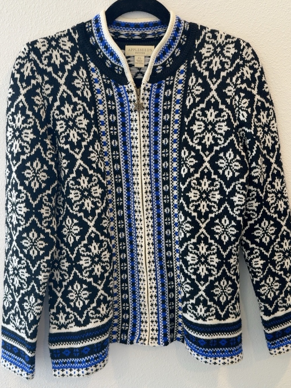 Appleseed’s Petites PS Fair Isle Nordic Zip Cardigan Sweater Wool Blend Snowflak
